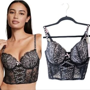 Victoria's Secret Corset Top Small DD Dream Angels Heritage Lace Longline Black